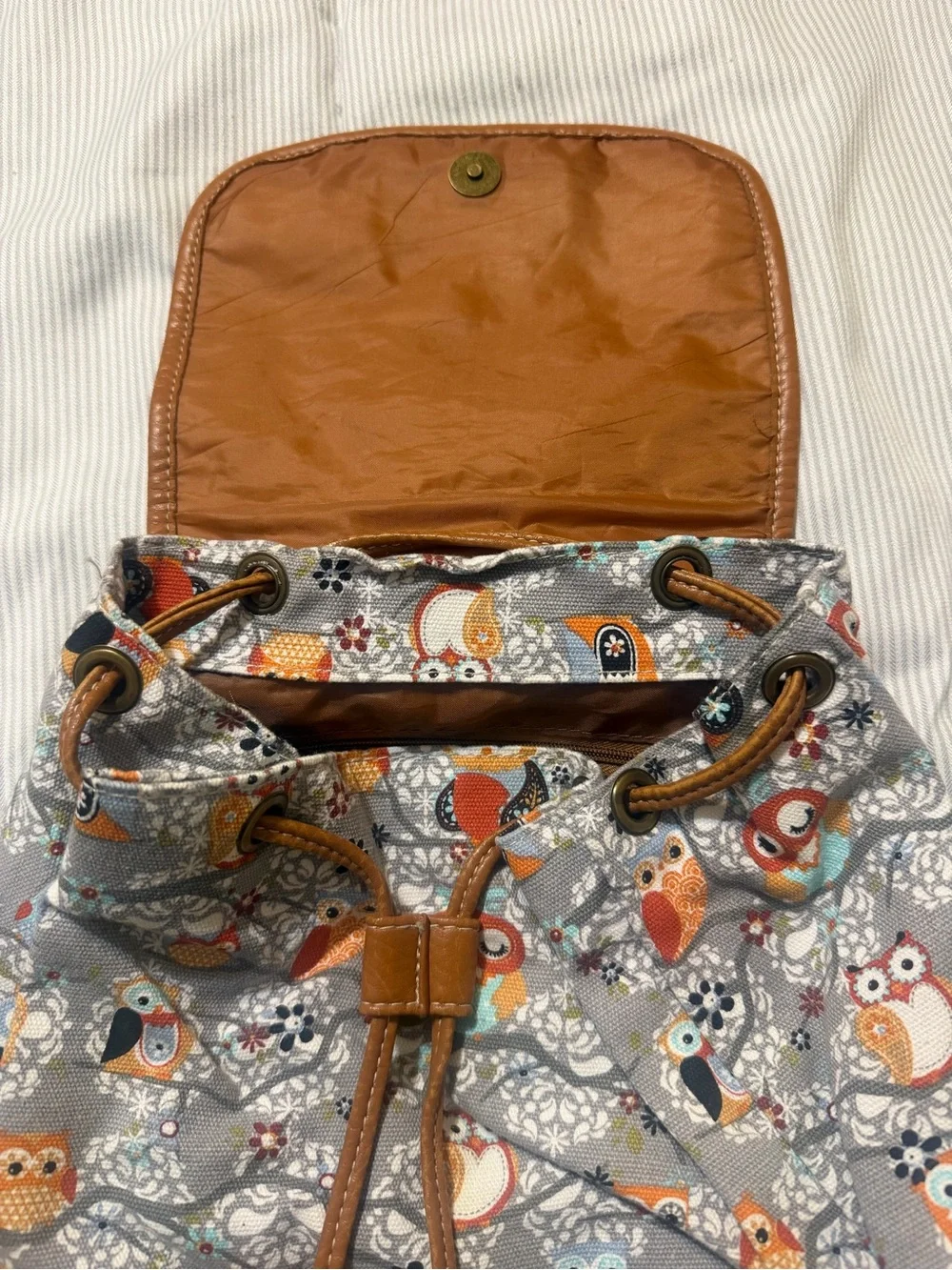 Unionbay Gray Owl Print Backpack with Brown Vegan Leather Trim
